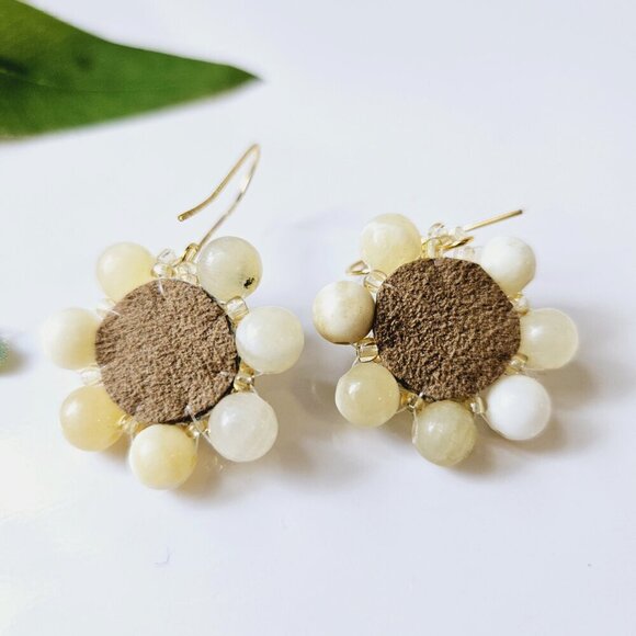 2/$27 | Yellow Marble Mini Shield Beaded Indigenous Hoop Earrings | Handmade - Picture 5 of 6